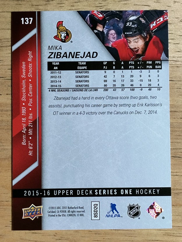2015-16 Upper Deck #137 Mika Zibanejad