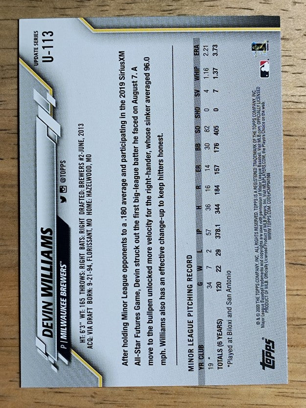 2020 Topps Update #U113 Devin Williams RC
