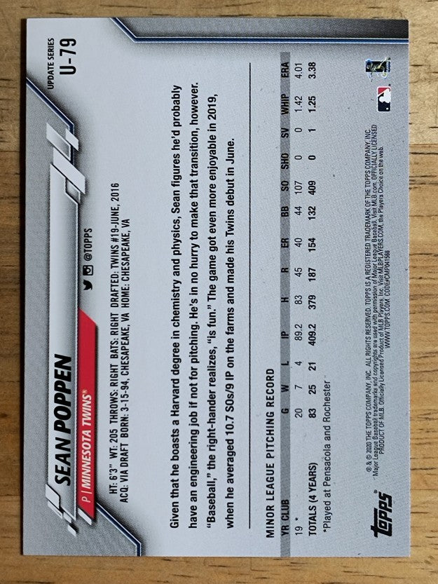 2020 Topps Update #U79 Sean Poppen RC