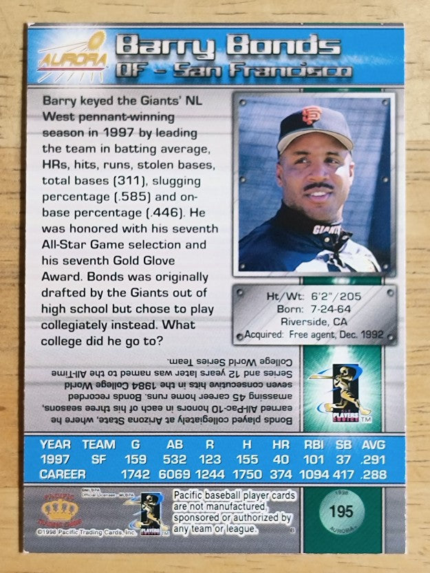 1998 Aurora #195 Barry Bonds