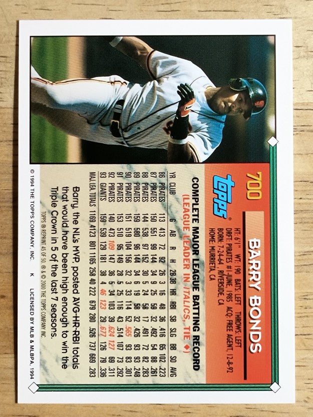 2001 Topps Through the Years Reprints #45 Barry Bonds '94