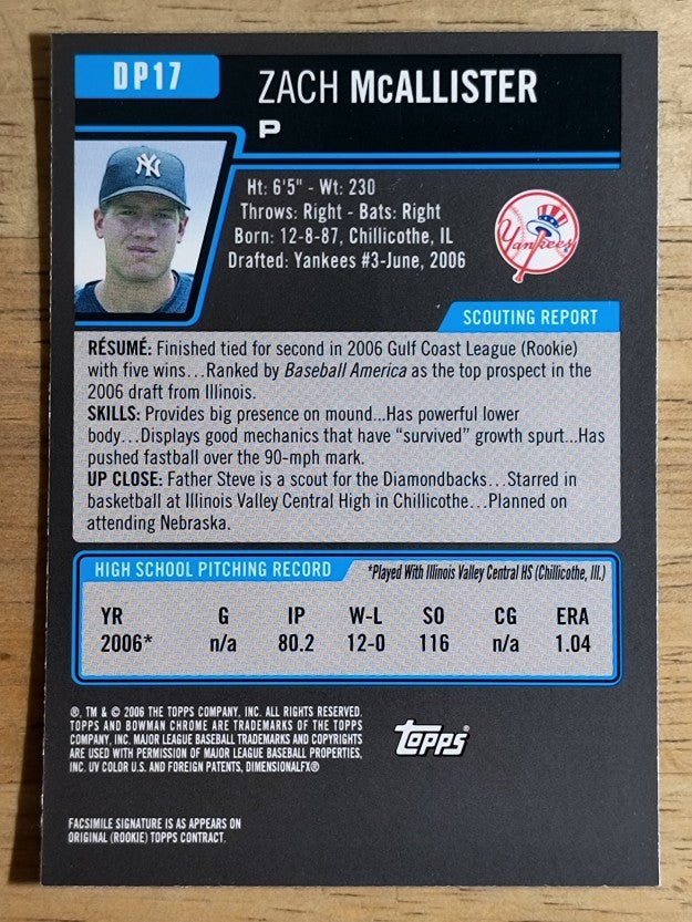 2006 Bowman Chrome Draft Draft Picks #17 Zach McAllister
