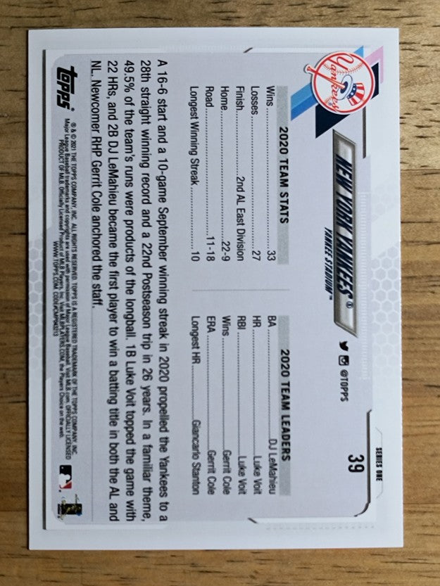 2021 Topps #39 New York Yankees TC