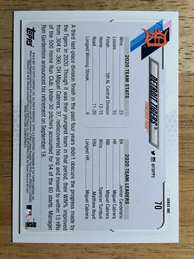 2021 Topps #70 Detroit Tigers TC