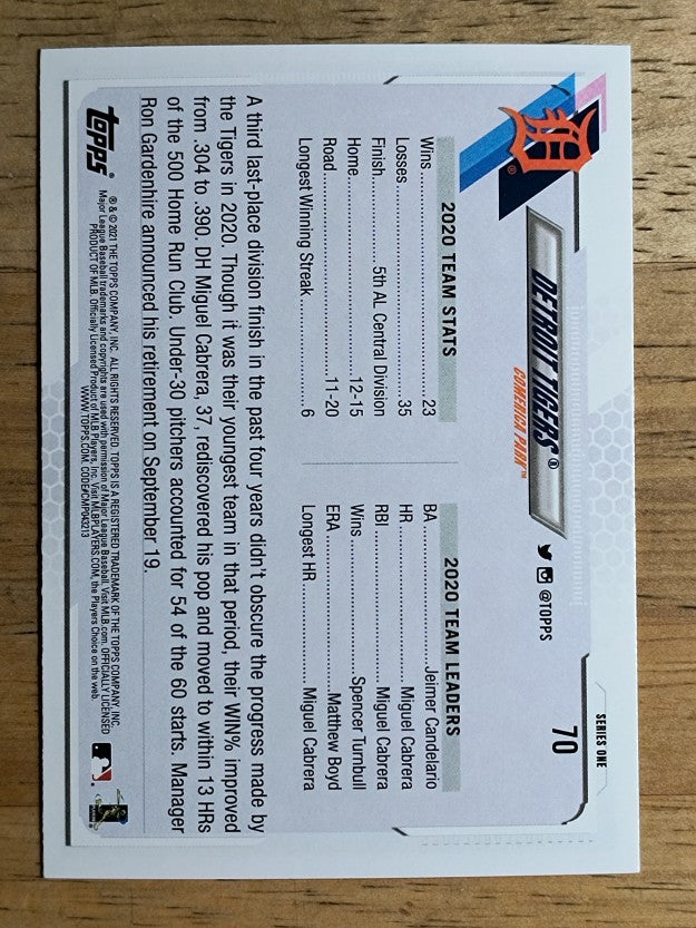 2021 Topps #70 Detroit Tigers TC
