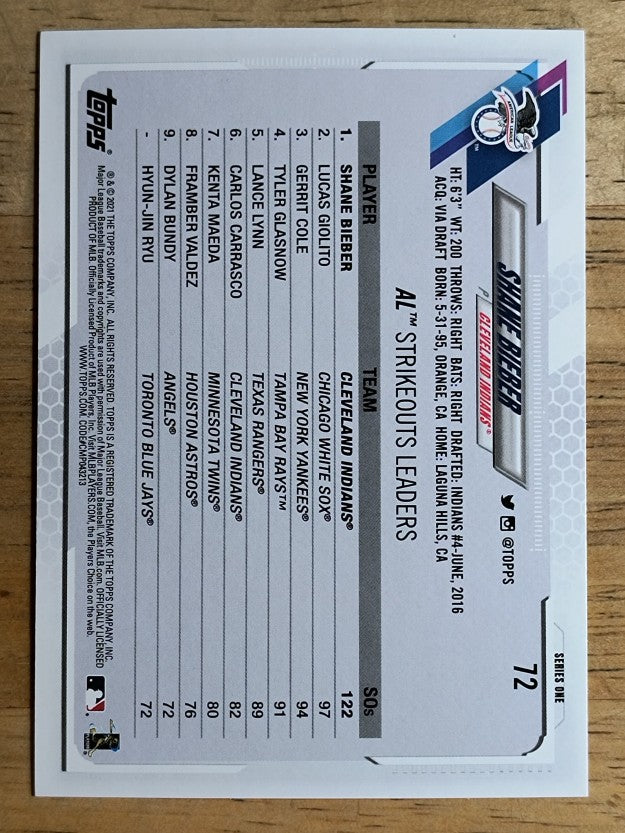 2021 Topps #72 Shane Bieber LL