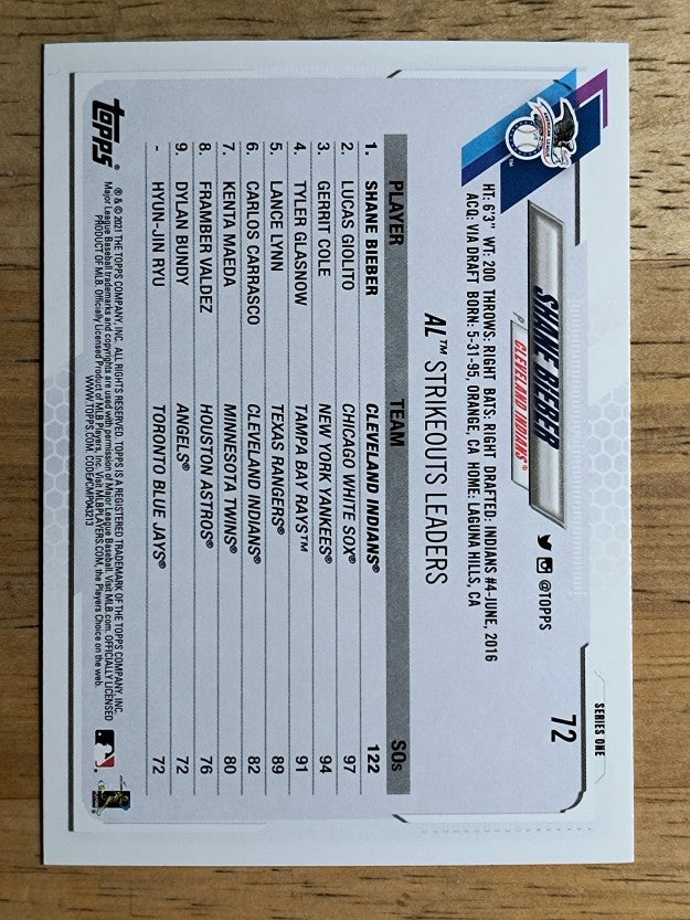 2021 Topps #72 Shane Bieber LL