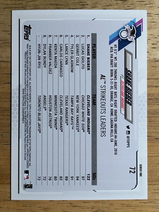 2021 Topps #72 Shane Bieber LL