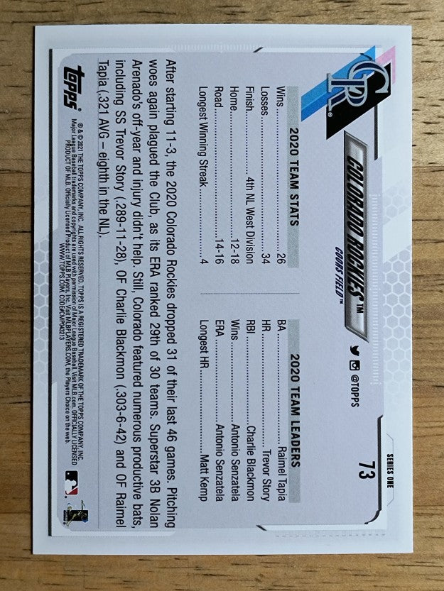2021 Topps #73 Colorado Rockies TC