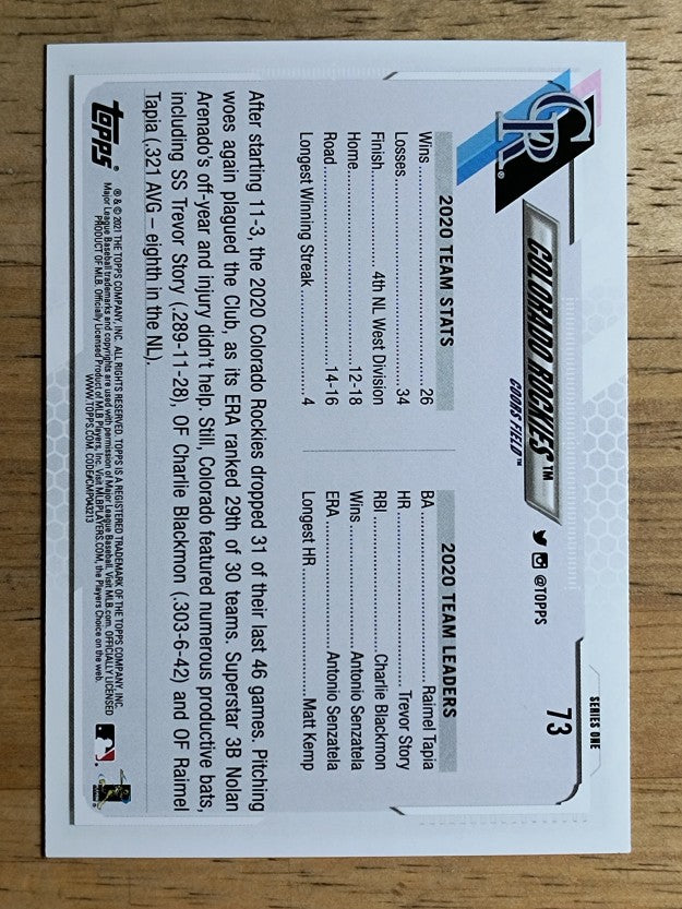 2021 Topps #73 Colorado Rockies TC