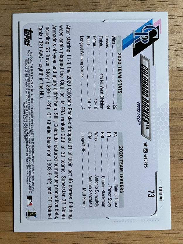 2021 Topps #73 Colorado Rockies TC