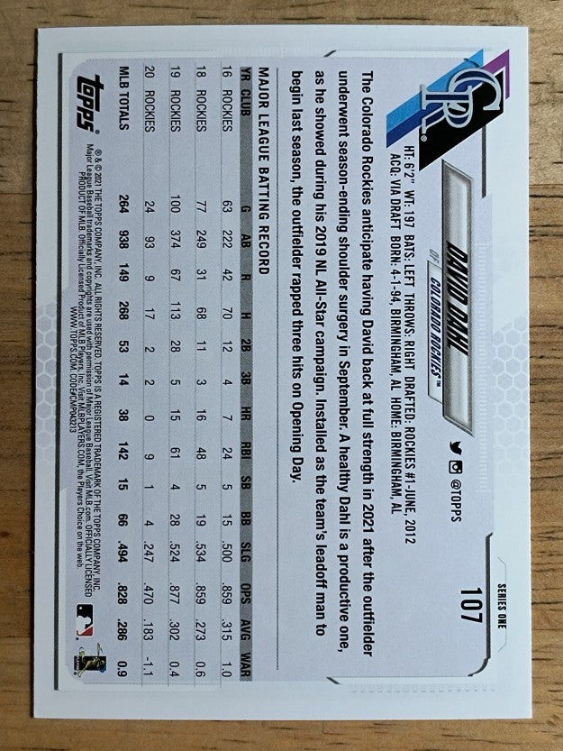 2021 Topps #107 David Dahl