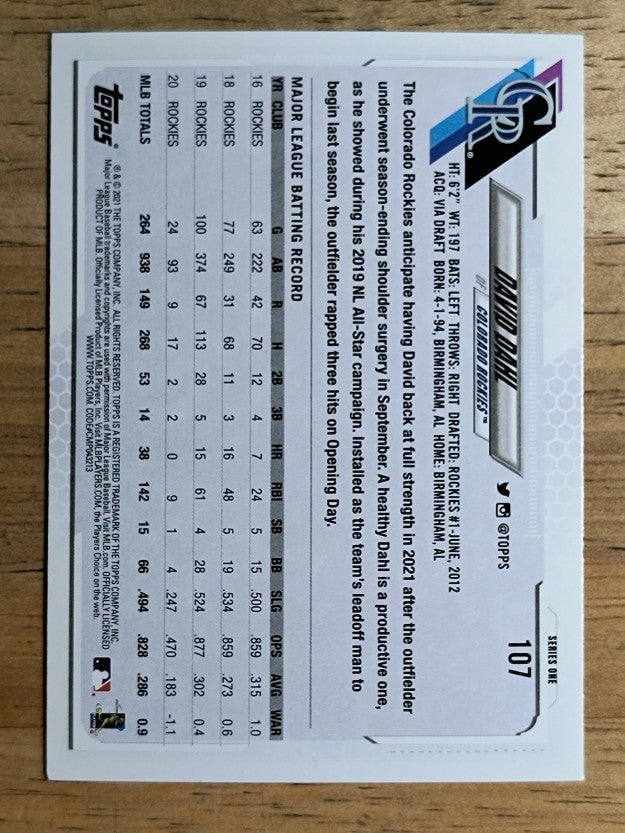 2021 Topps #107 David Dahl