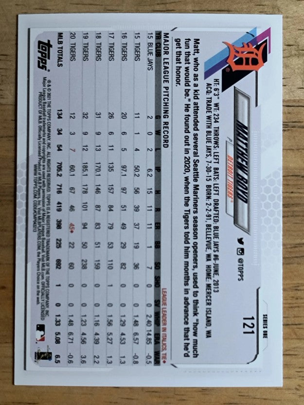 2021 Topps #121 Matthew Boyd