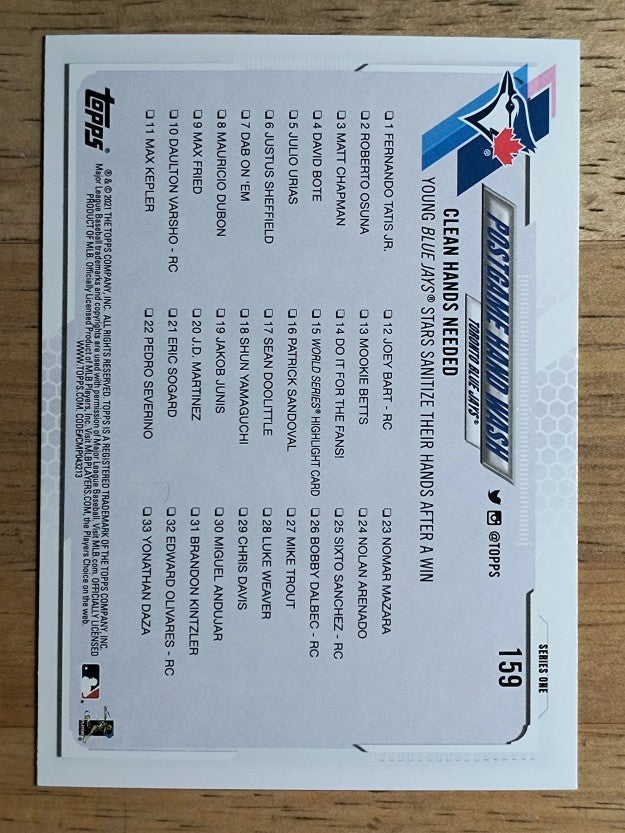 2021 Topps #159 Postgame Hand Wash/Danny Jansen/Vladimir Guerrero Jr