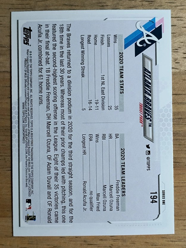 2021 Topps #194 Atlanta Braves TC