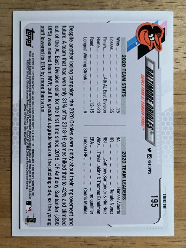 2021 Topps #195 Baltimore Orioles TC