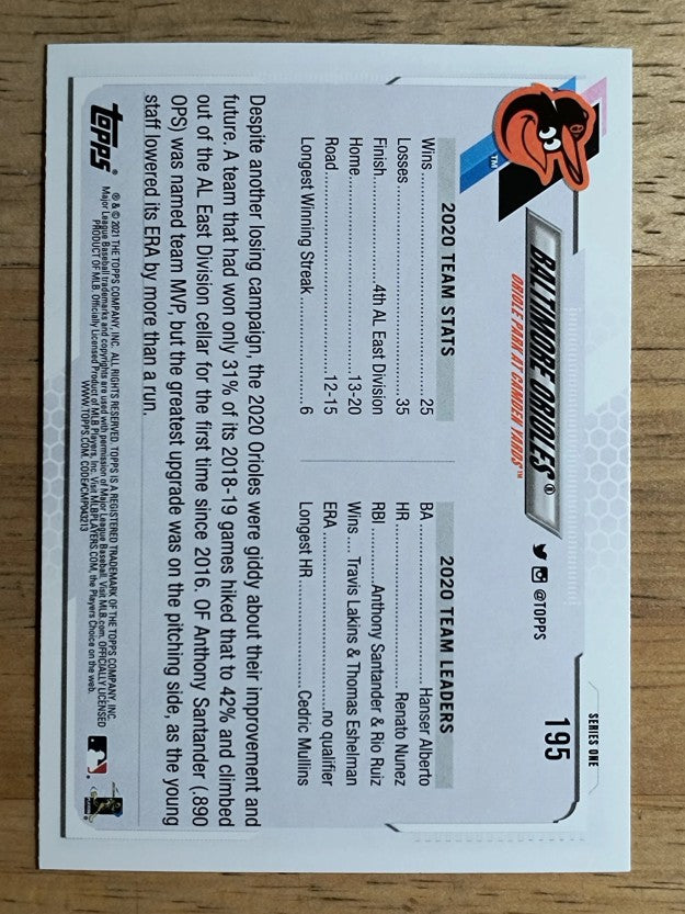 2021 Topps #195 Baltimore Orioles TC