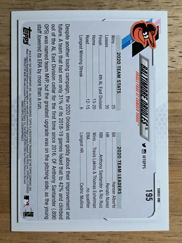 2021 Topps #195 Baltimore Orioles TC