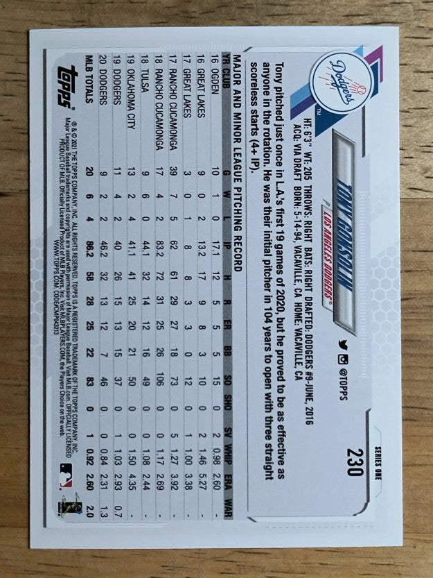 2021 Topps #230 Tony Gonsolin