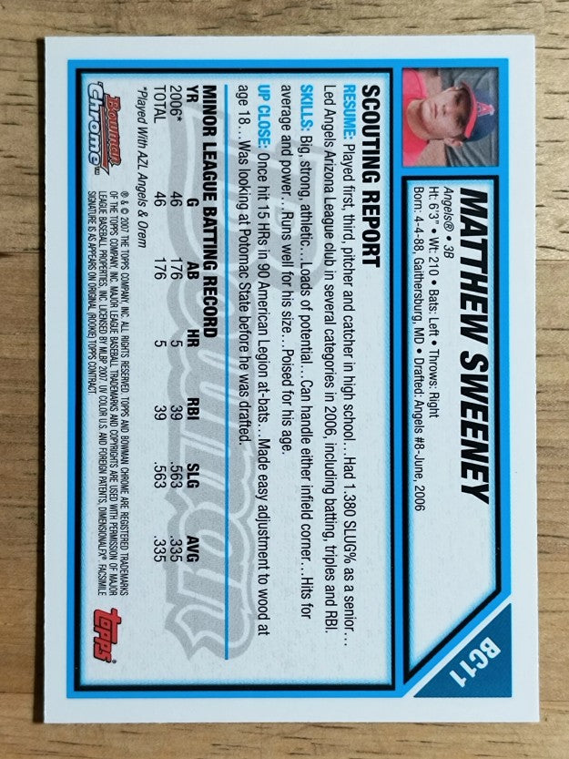 2007 Bowman Chrome Prospects #BC11 Matthew Sweeney