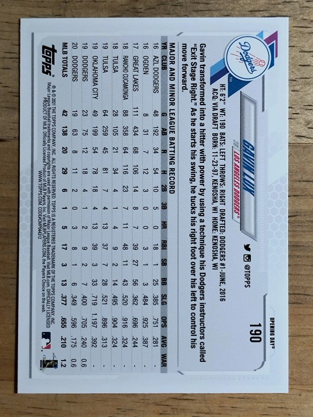 2021 Topps Opening Day #190 Gavin Lux