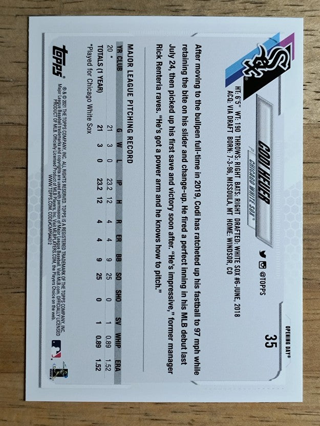 2021 Topps Opening Day #35 Codi Heuer RC