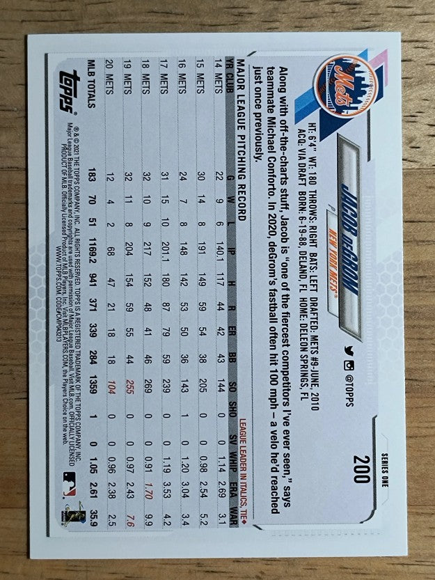 2021 Topps #200 Jacob deGrom