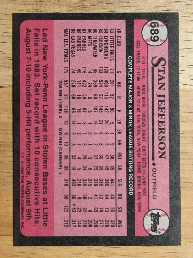 1989 Topps #689B Stan Jefferson/Violet triangle on front bottom left