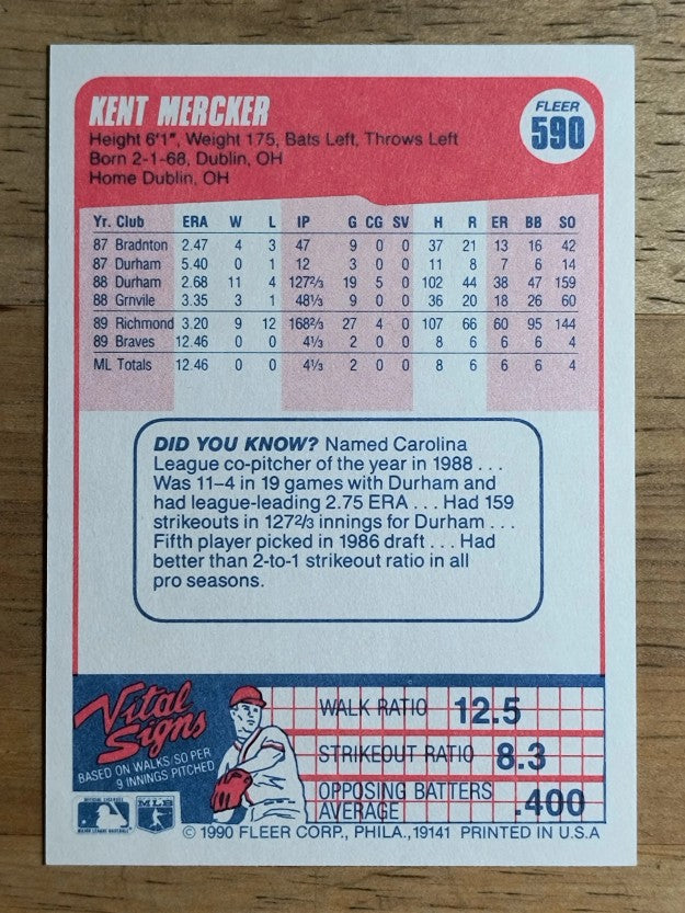 1990 Fleer #590 Kent Mercker RC