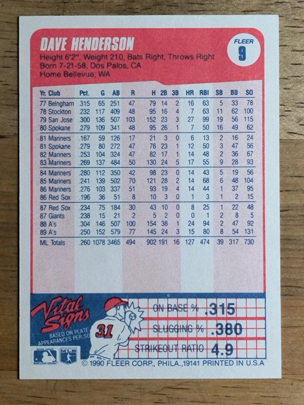 1990 Fleer #9 Dave Henderson
