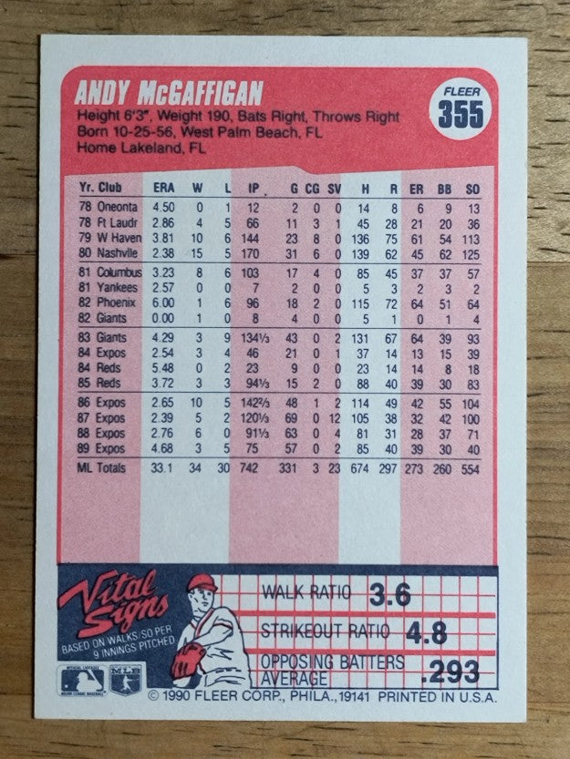 1990 Fleer #355 Andy McGaffigan