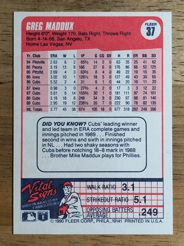 1990 Fleer #37 Greg Maddux