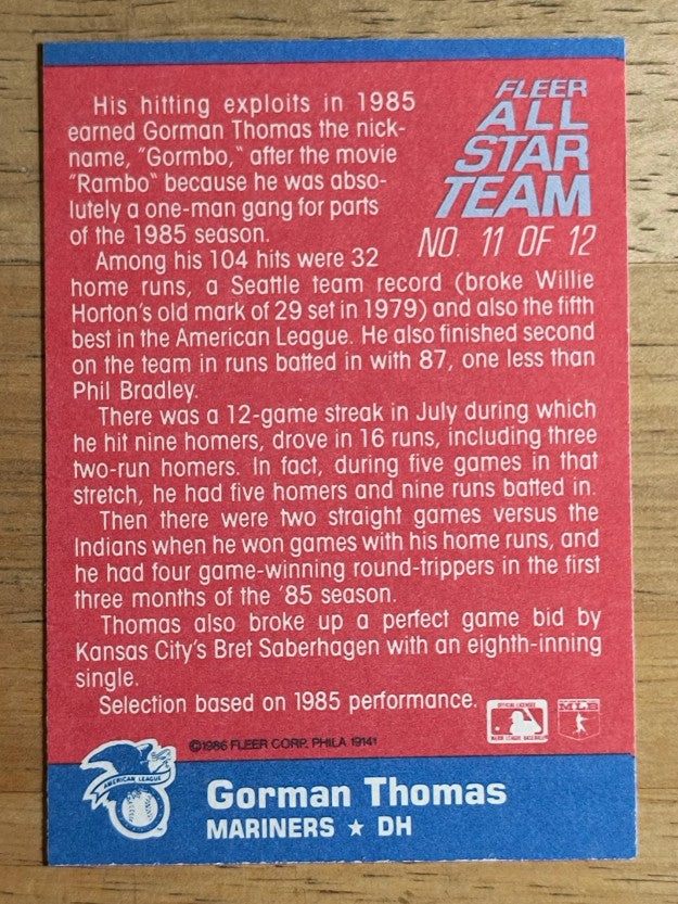 1986 Fleer All-Stars #11 Gorman Thomas