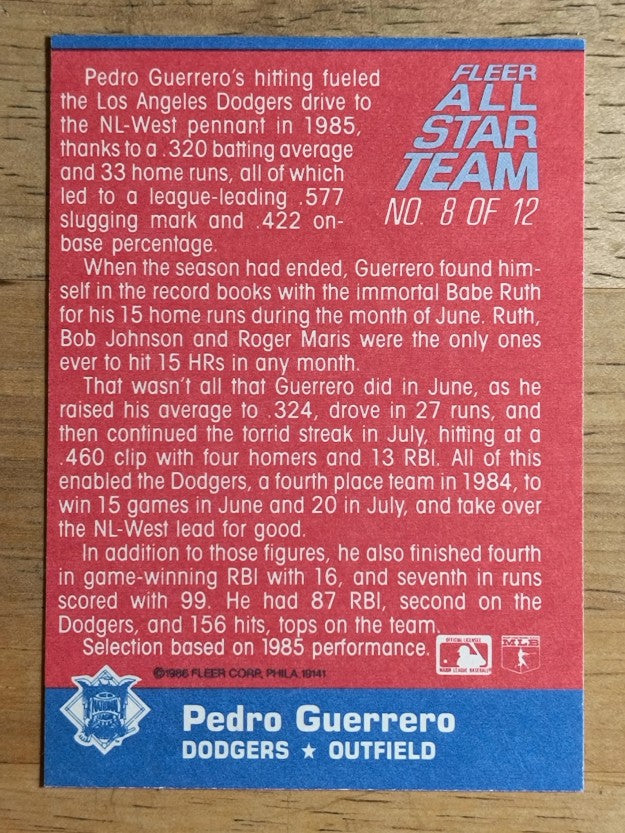 1986 Fleer All-Stars #8 Pedro Guerrero