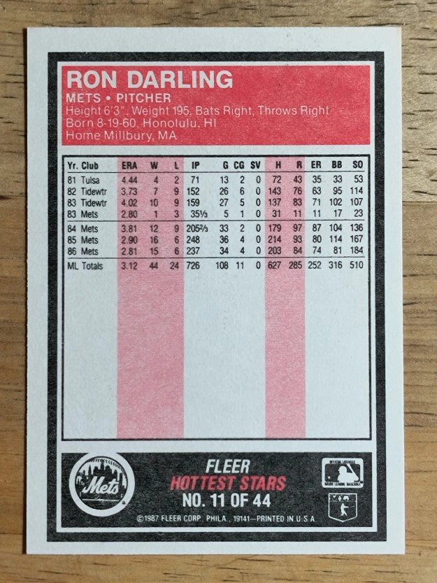 1987 Fleer Hottest Stars #11 Ron Darling