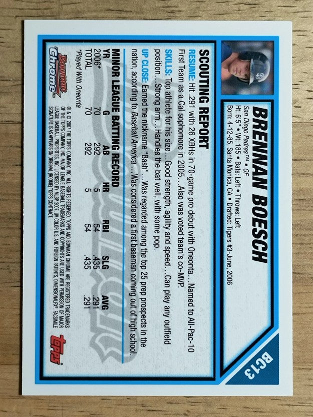 2007 Bowman Chrome Prospects #BC13 Brennan Boesch