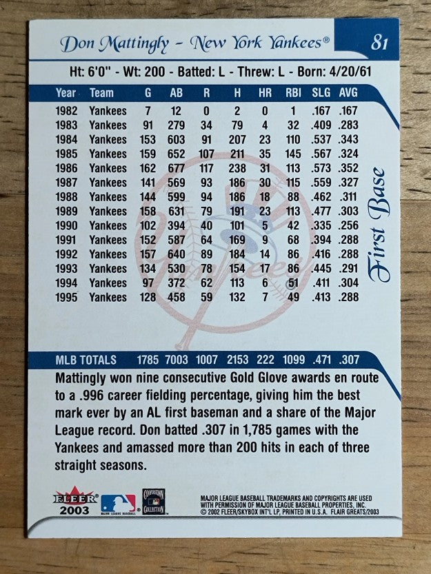 2003 Flair Greats #81 Don Mattingly