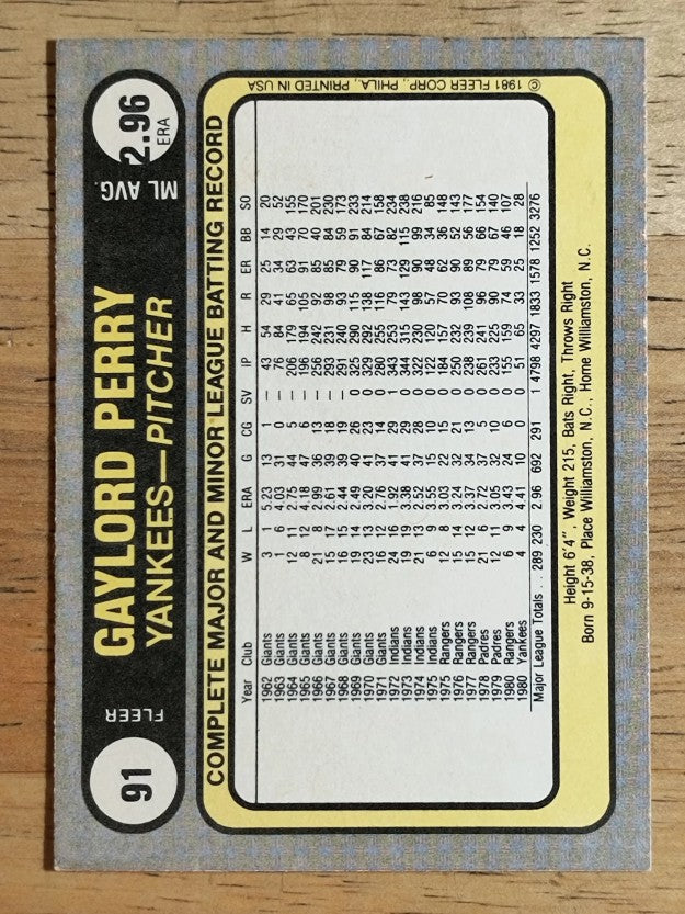 1981 Fleer #91 Gaylord Perry