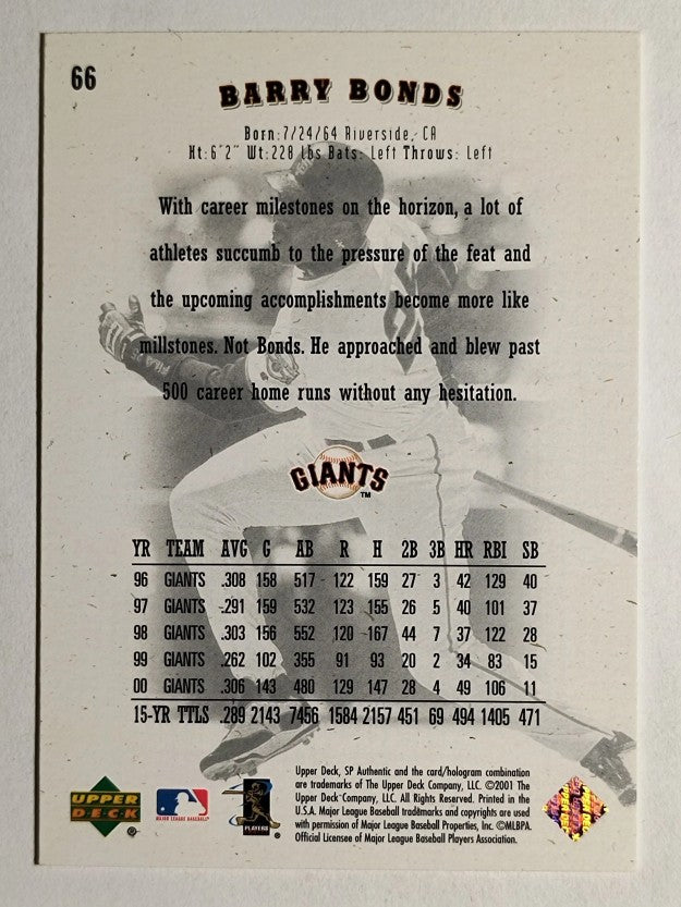 2001 SP Authentic #66 Barry Bonds