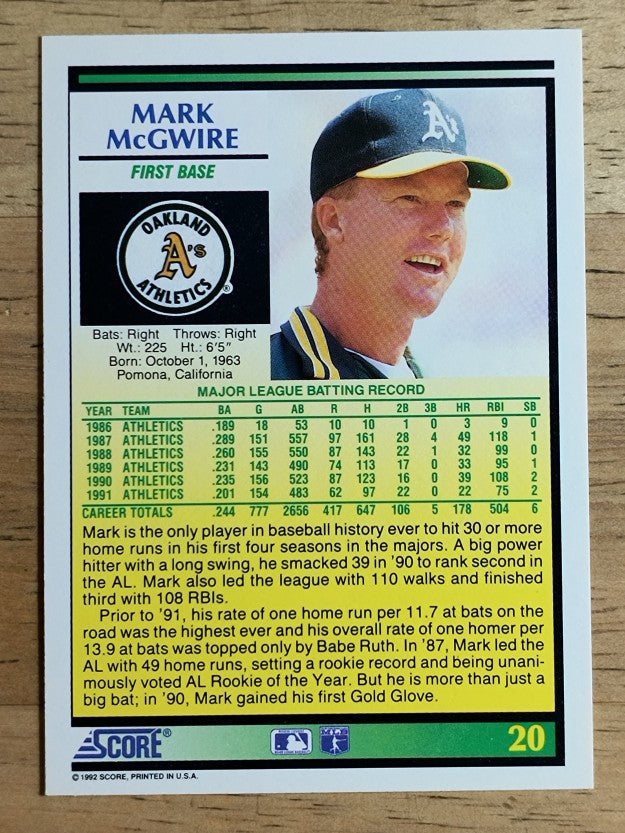 1992 Score #20 Mark McGwire