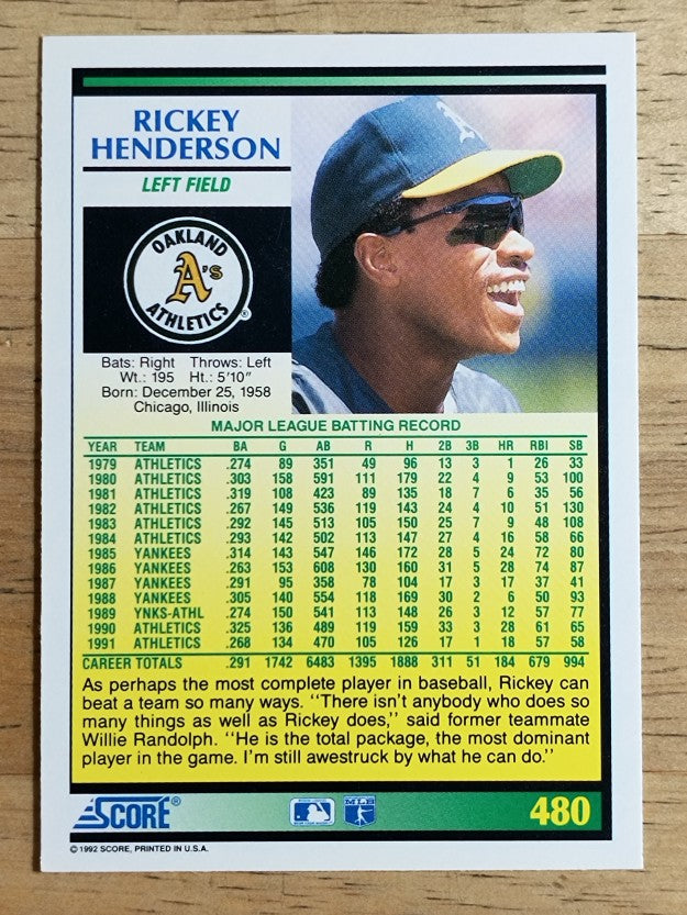 1992 Score #480 Rickey Henderson