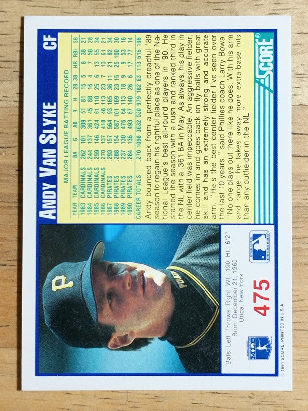1991 Score #475 Andy Van Slyke