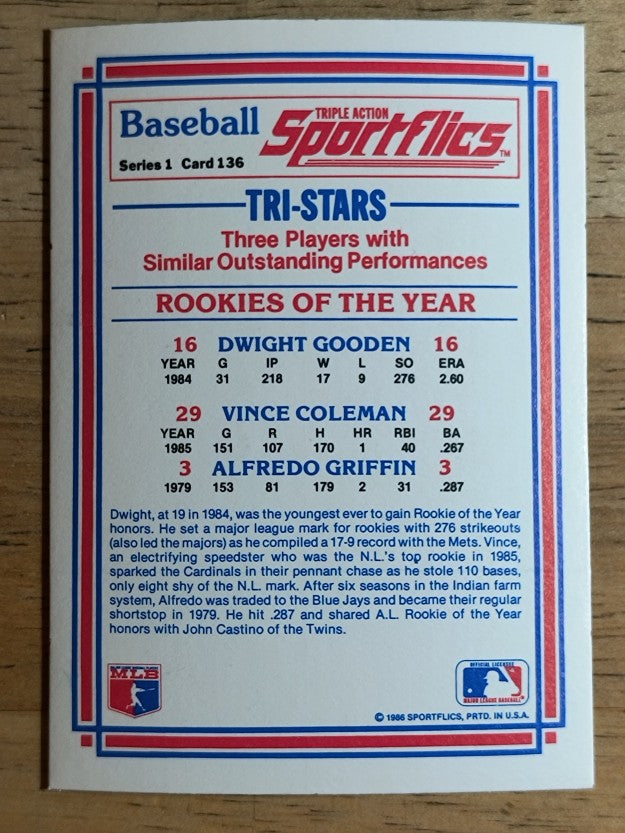 1986 Sportflics #136 Vince Coleman/Dwight Gooden/Alfredo Griffin