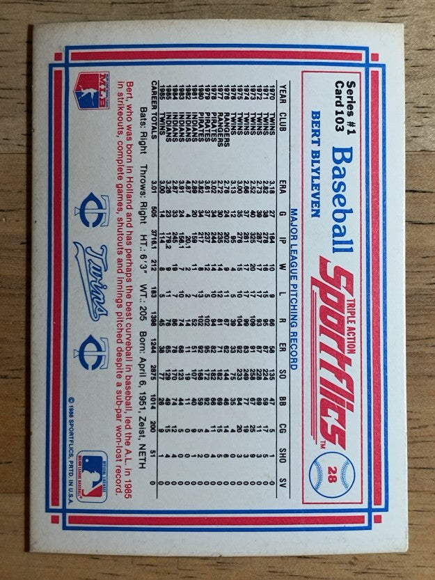 1986 Sportflics #103 Bert Blyleven