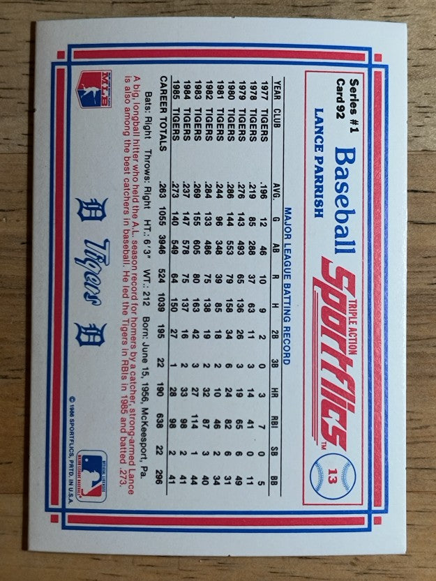 1986 Sportflics #92 Lance Parrish