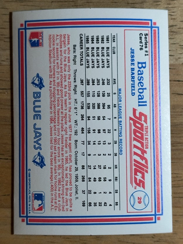 1986 Sportflics #76 Jesse Barfield