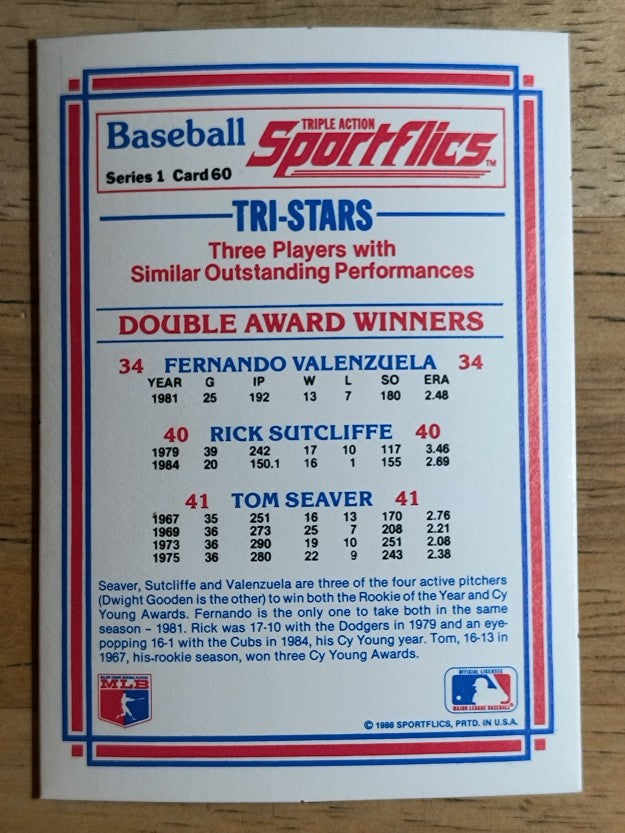 1986 Sportflics #60 Tom Seaver/Rick Sutcliffe/Fernando Valenzuela