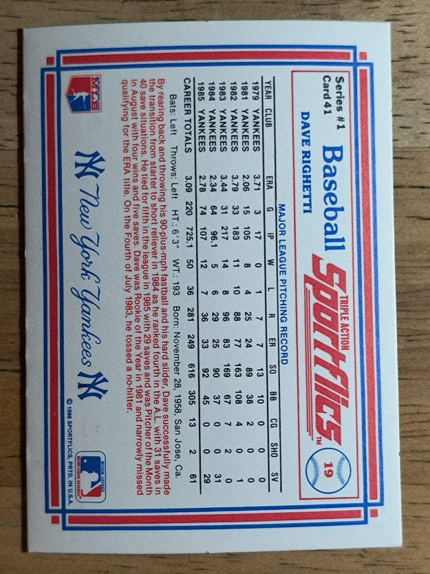 1986 Sportflics #41 Dave Righetti