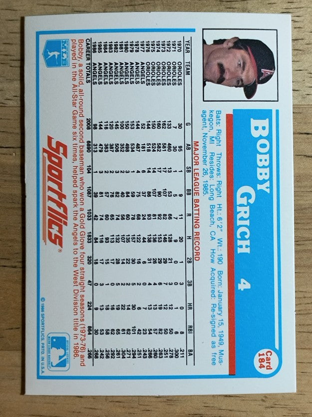 1987 Sportflics #184 Bobby Grich